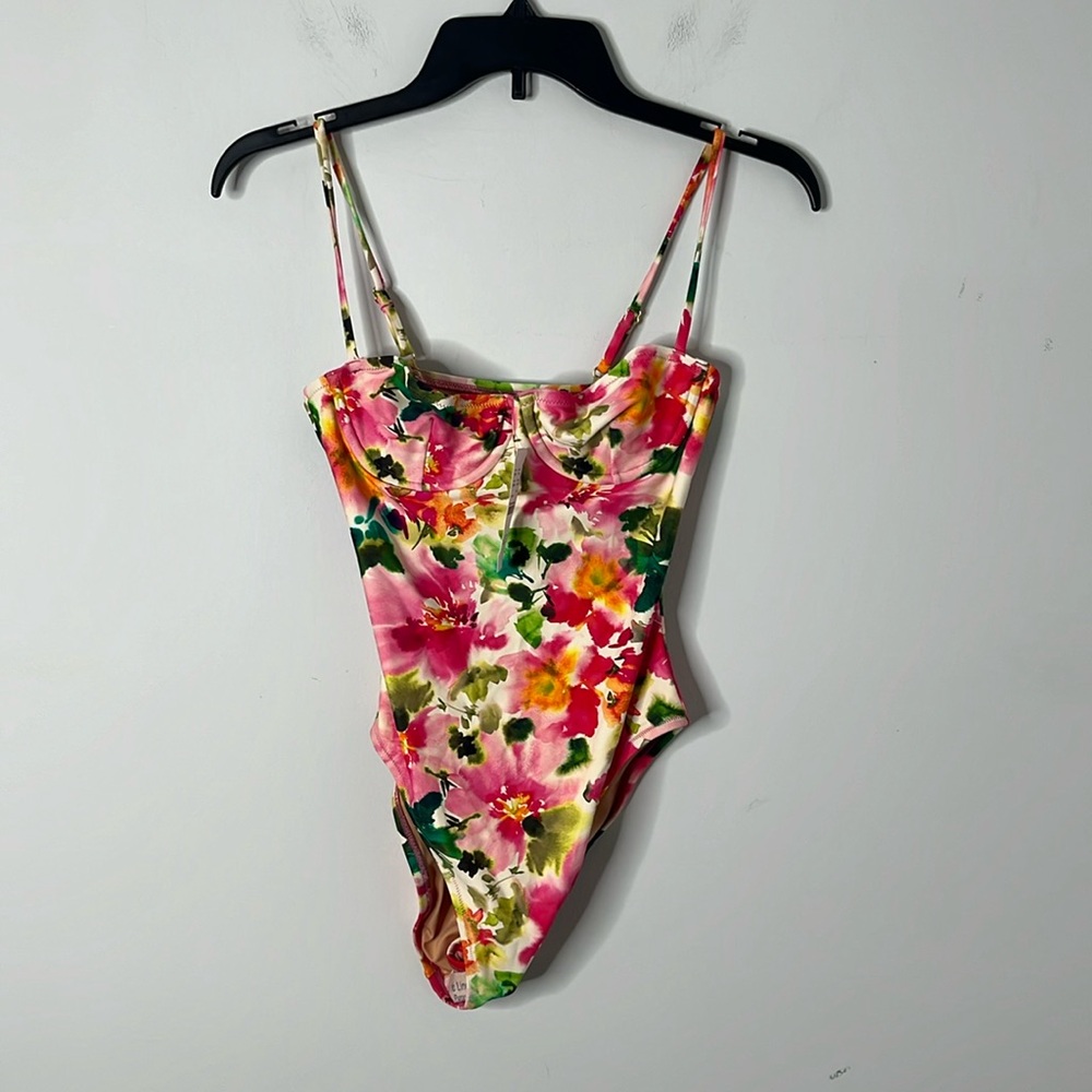 J. Crew Pink Floral One-Piece Swimsuit with Green Accents - Picture 2 of 8